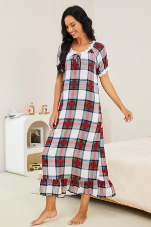 Plaid Lace Trim Ruffle Hem Night Dress-Teresa's Fashionista LLC