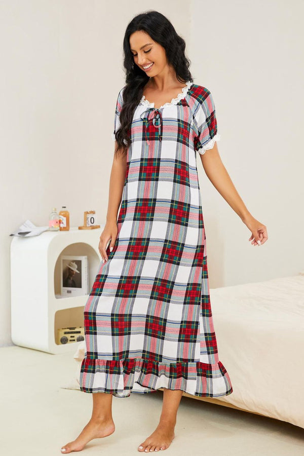 Plaid Lace Trim Ruffle Hem Night Dress-Teresa's Fashionista LLC