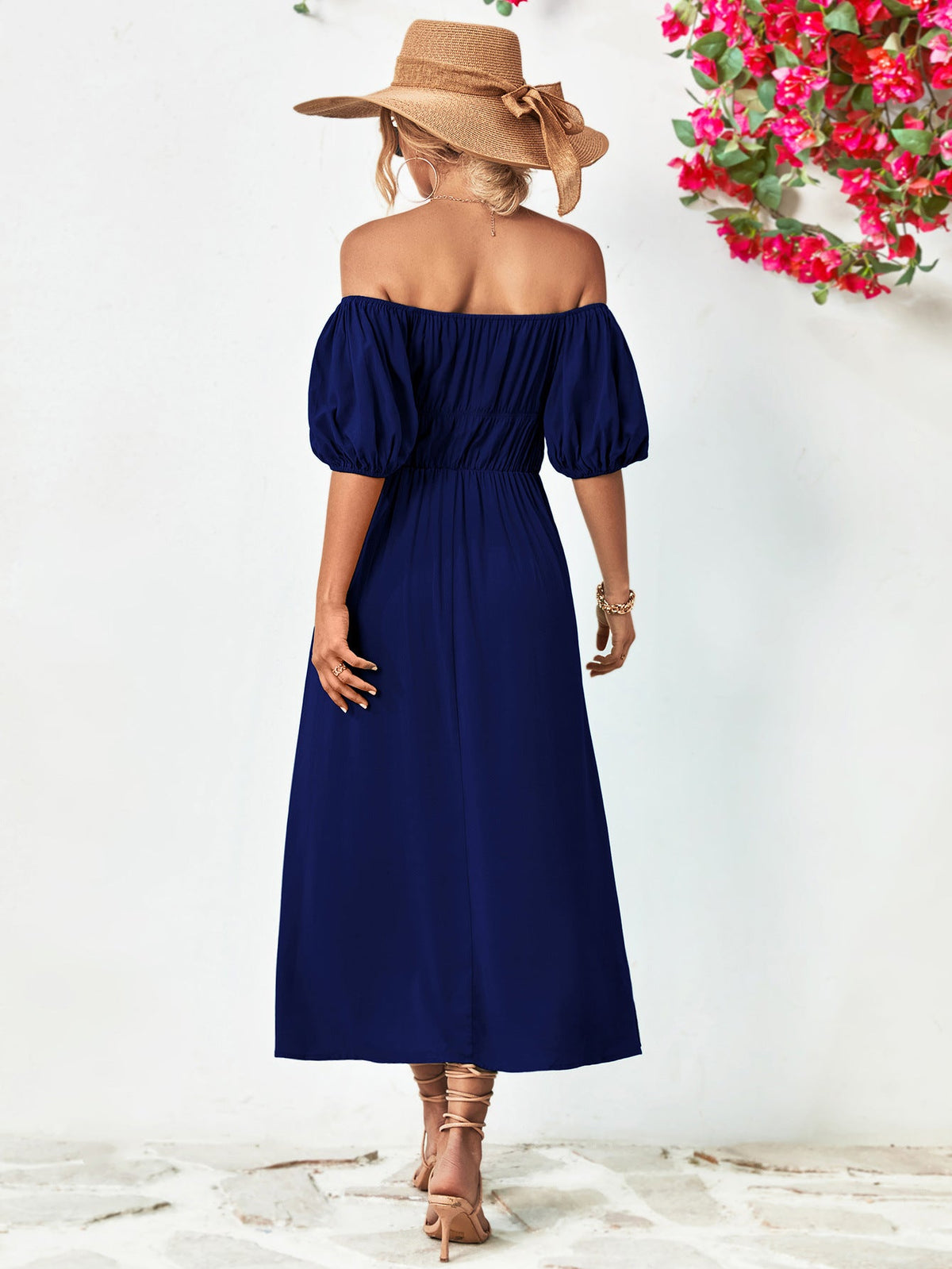 Off-shoulder balloon sleeve midi dress in solid color with puff sleeves and A-line hem.