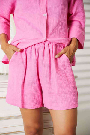 Double Take Textured Shirt and Elastic Waist Shorts with Pockets-Teresa's Fashionista LLC