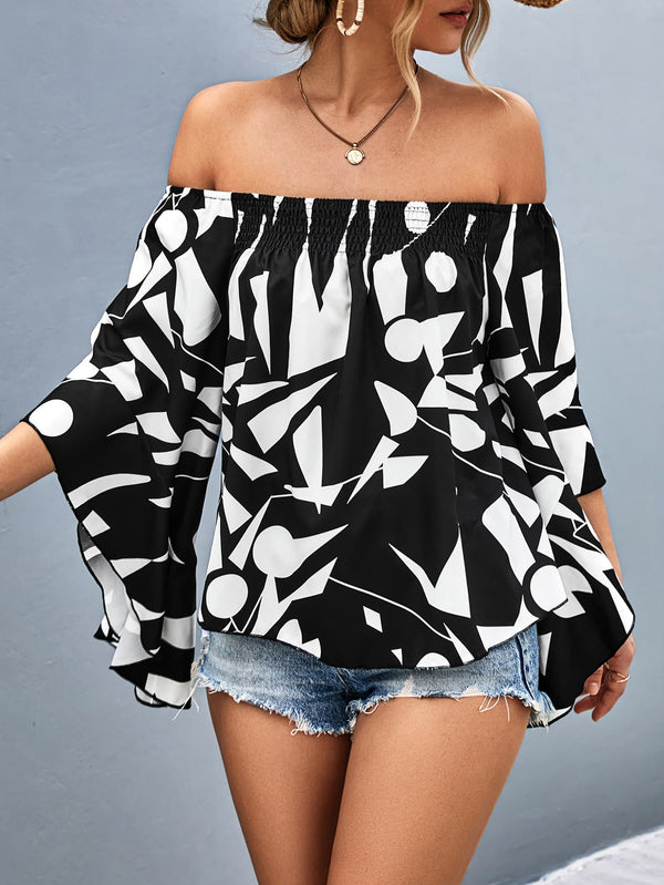 Printed Off-Shoulder Bell Sleeve Blouse-Teresa's Fashionista LLC