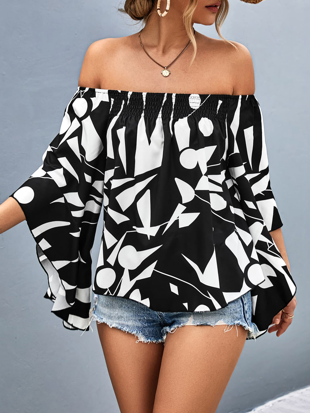 Printed Off-Shoulder Bell Sleeve Blouse-Teresa&#39;s Fashionista LLC