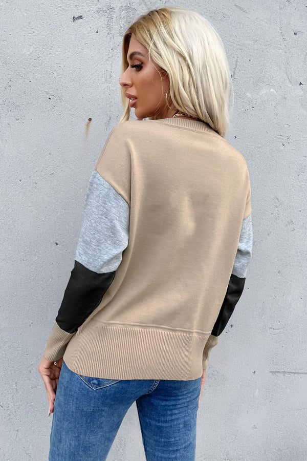Color Block Ribbed Trim Round Neck Knit Pullover-Teresa's Fashionista LLC