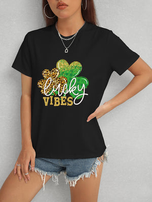 LUCKY VIBES Round Neck Short Sleeve T-Shirt-Teresa's Fashionista LLC
