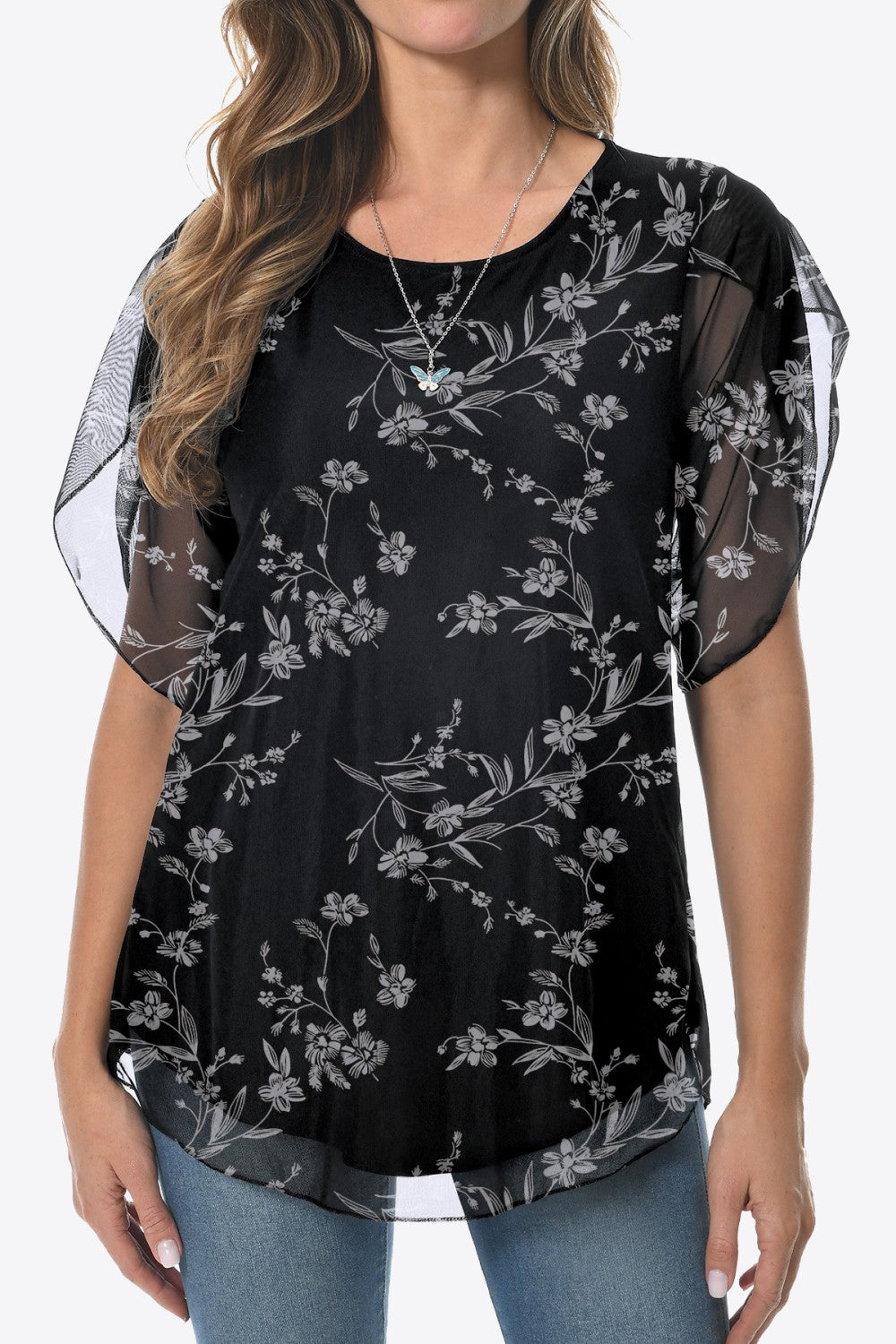 Printed Round Neck Curved Hem Blouse-Teresa&#39;s Fashionista LLC