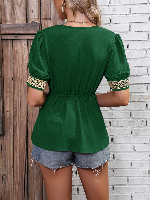 Contrast V-Neck Babydoll Top-Teresa's Fashionista LLC