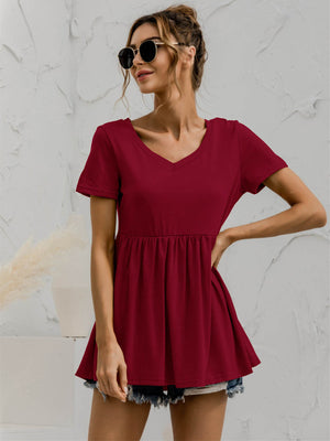 V-Neck Short Sleeve Babydoll Top-Teresa's Fashionista LLC