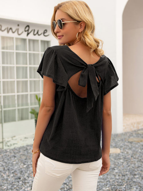 Round Neck Cutout Tie Back Top-Teresa's Fashionista LLC
