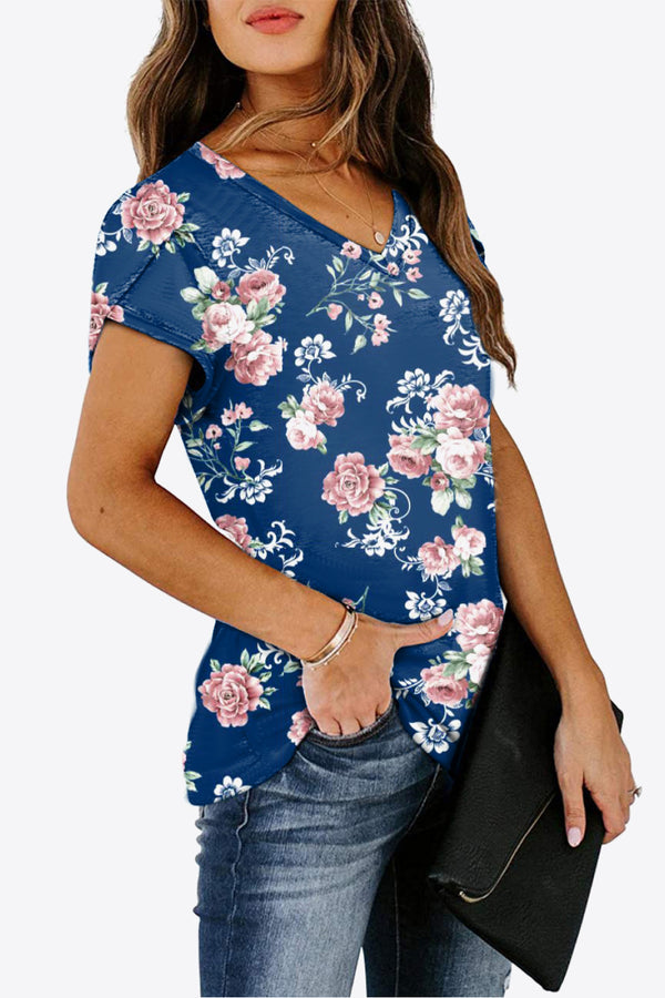 Printed Petal Sleeve V-Neck Blouse-Teresa's Fashionista LLC