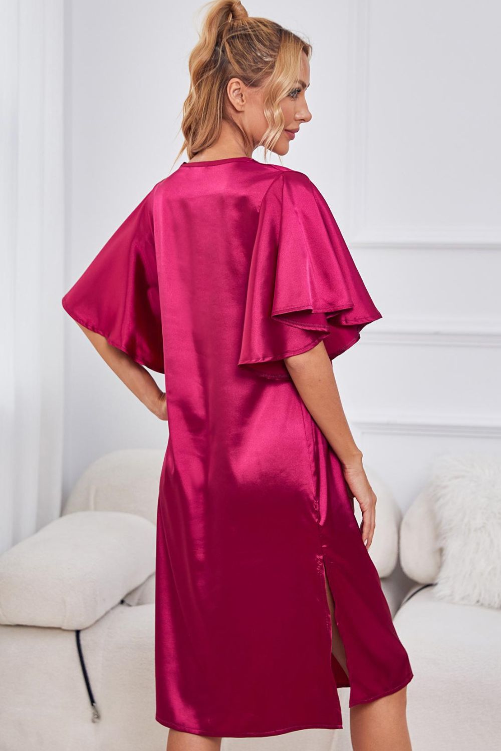 Satin Flutter Sleeve Side Slit V-Neck Night Dress-Teresa's Fashionista LLC