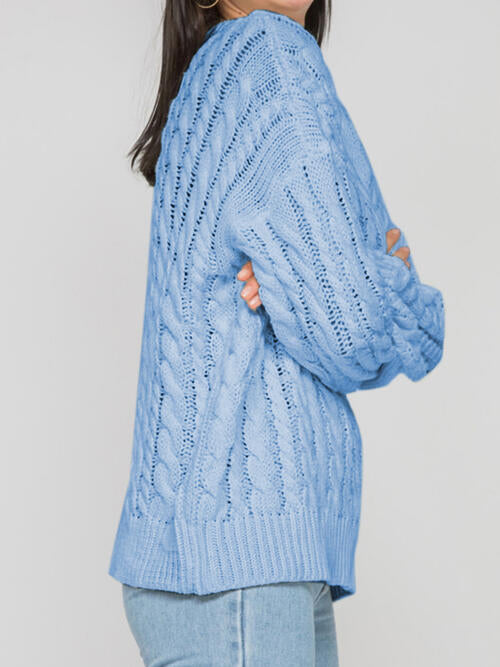 Openwork Round Sleeve Cable-Knit Sweater-Teresa&#39;s Fashionista LLC
