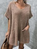 V-Neck Short Sleeve Sweater with Pockets-Teresa's Fashionista LLC