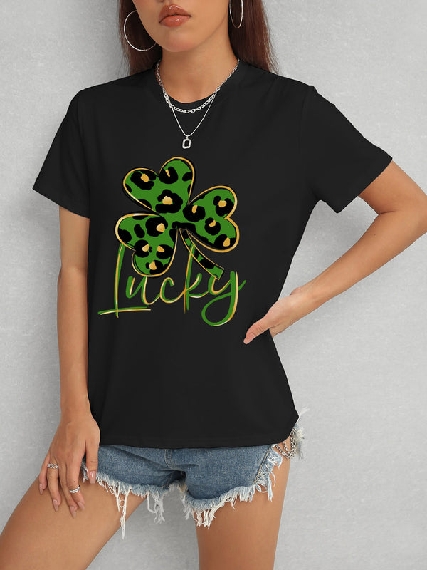 Lucky Clover Round Neck Short Sleeve T-Shirt-Teresa's Fashionista LLC