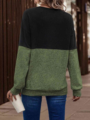Two-Tone Crisscross Detail Sweatshirt-Teresa's Fashionista LLC
