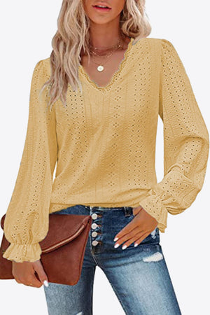 Eyelet V-Neck Flounce Sleeve Blouse-Teresa's Fashionista LLC