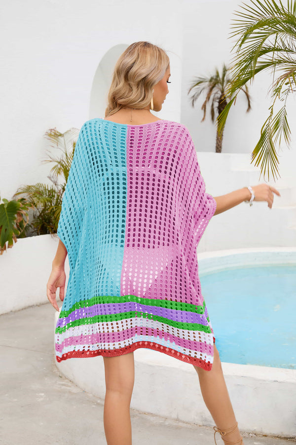 Contrast Scoop Neck Openwork Half Sleeve Cover Up-Teresa's Fashionista LLC