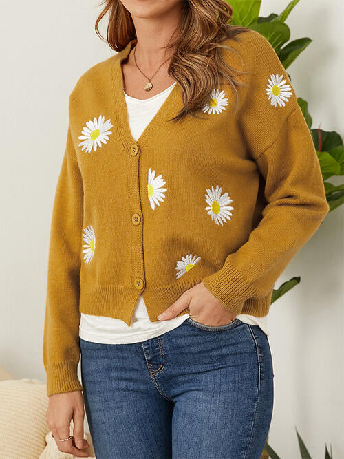 Flower Button Front Dropped Shoulder Cardigan-Teresa&#39;s Fashionista LLC
