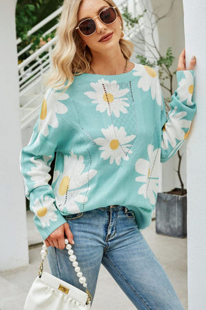 Daisy Print Openwork Round Neck Sweater-Teresa's Fashionista LLC