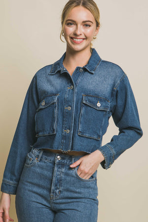 LOVE TREE Raw Hem Button Up Cropped Denim Jacket-Teresa's Fashionista LLC