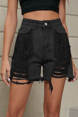 Fringe Trim Distressed Denim Shorts with Pockets-Teresa's Fashionista LLC