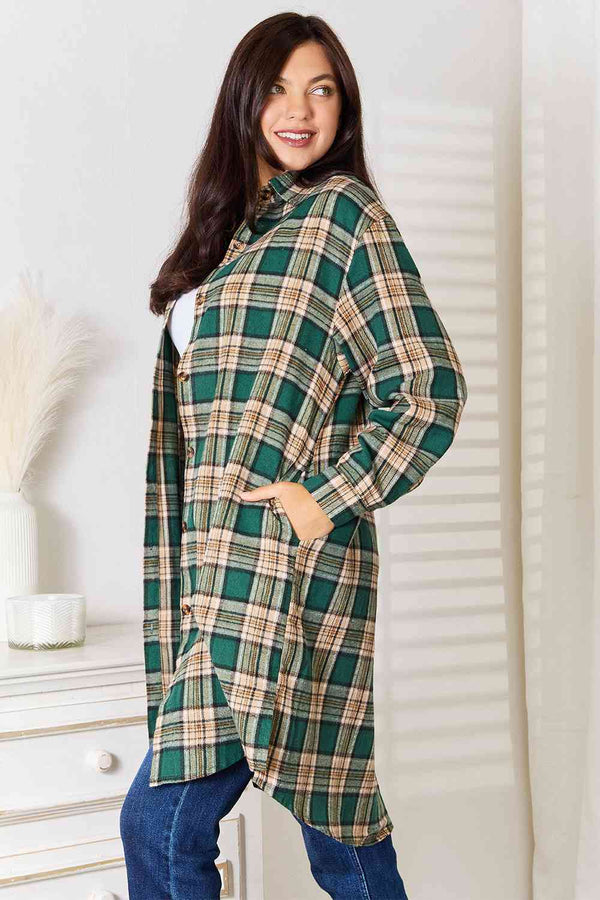 Double Take Plaid Collared Neck Long Sleeve Shirt-Teresa's Fashionista LLC