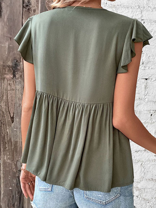 Buttoned Tie Neck Flutter Sleeve Babydoll Top-Teresa's Fashionista LLC