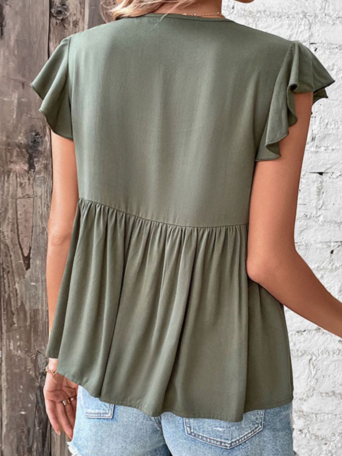 Buttoned Tie Neck Flutter Sleeve Babydoll Top-Teresa&#39;s Fashionista LLC
