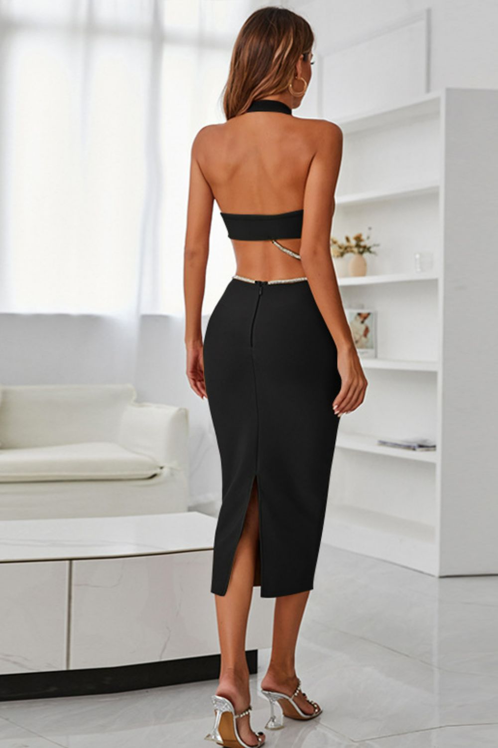 Rhinestone halter neck cutout slit midi dress, sleeveless, classy formal wear.