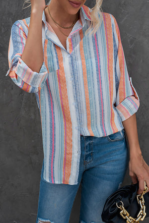 Striped Button-Up Curved Hem Shirt with Breast Pocket-Teresa's Fashionista LLC