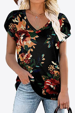 Printed Petal Sleeve V-Neck Blouse-Teresa's Fashionista LLC