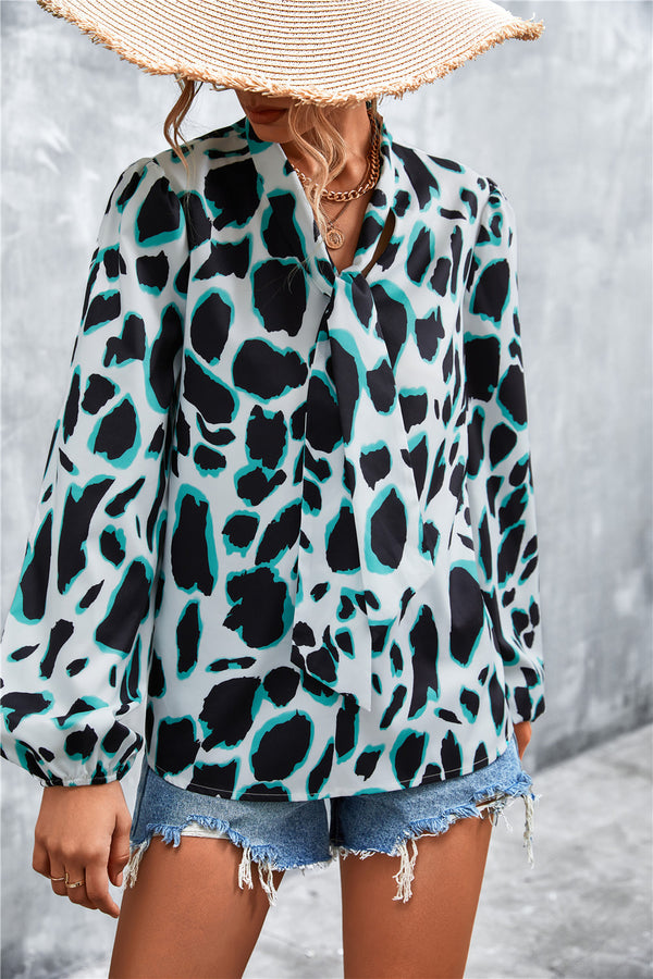 Printed Tie Neck Puff Sleeve Blouse-Teresa's Fashionista LLC