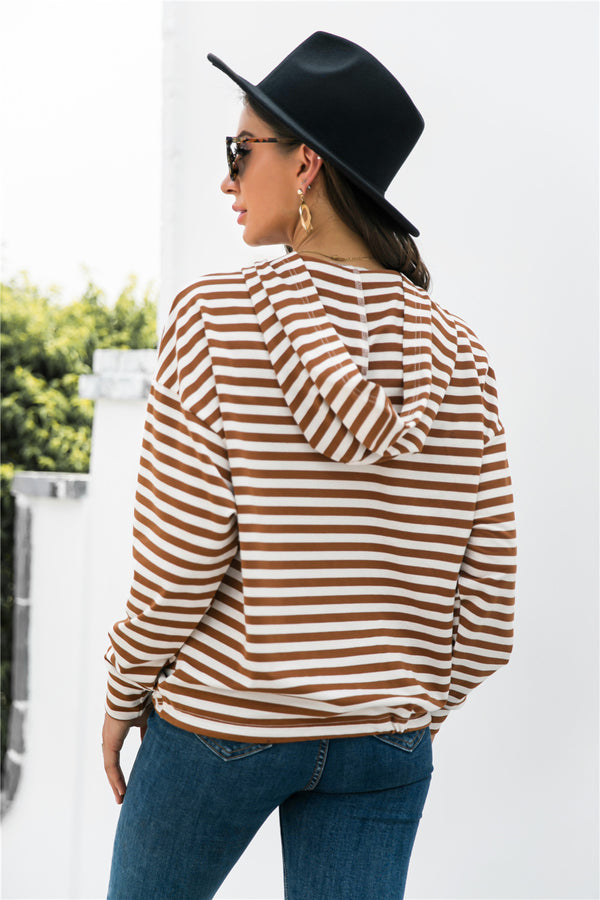 Striped Half-Button Dropped Shoulder Hoodie-Teresa's Fashionista LLC
