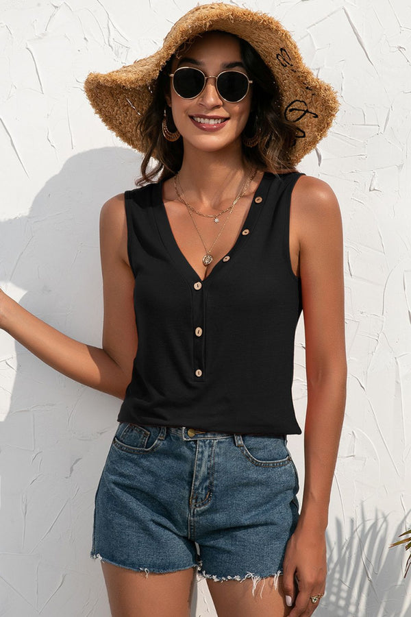 Buttoned Deep V Tank-Teresa's Fashionista LLC