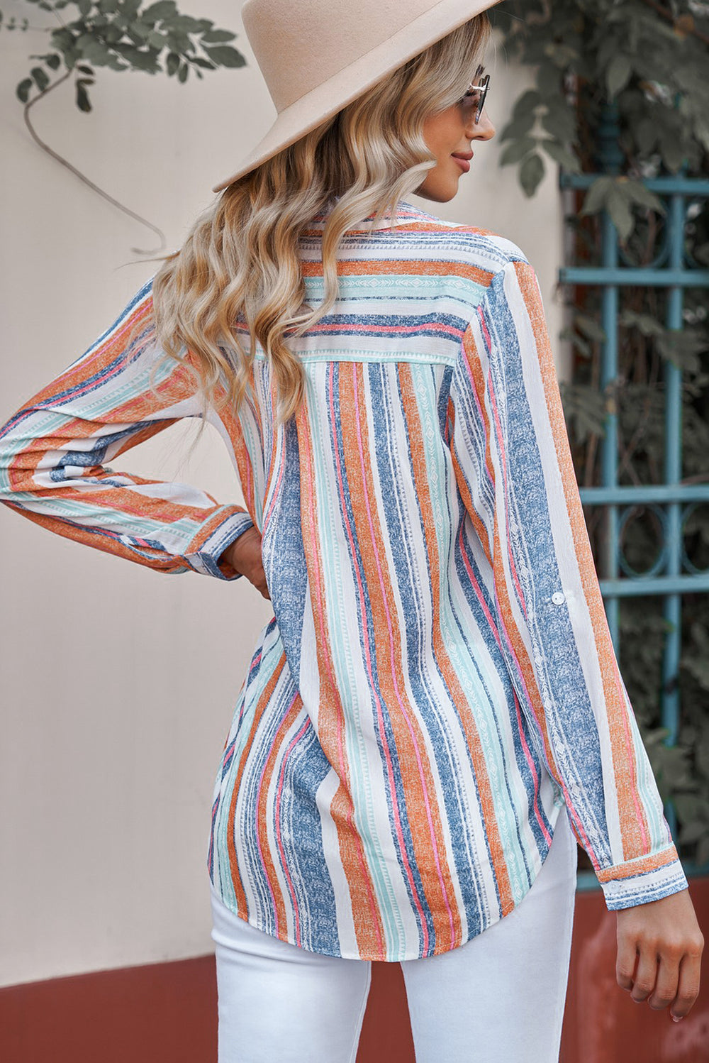 Striped Button-Up Curved Hem Shirt with Breast Pocket-Teresa's Fashionista LLC
