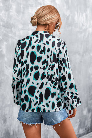 Printed Tie Neck Puff Sleeve Blouse-Teresa's Fashionista LLC