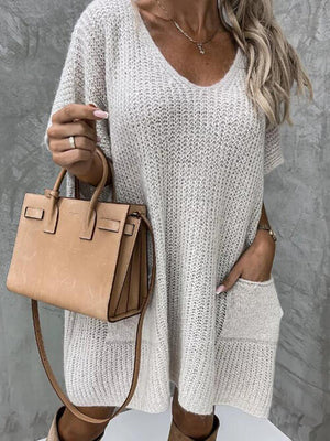 V-Neck Short Sleeve Sweater with Pockets-Teresa's Fashionista LLC