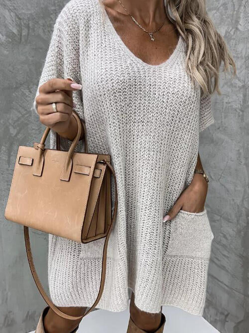 V-Neck Short Sleeve Sweater with Pockets-Teresa's Fashionista LLC