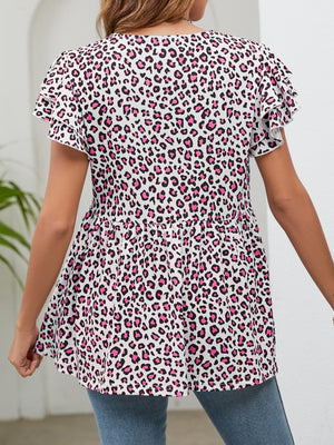 Leopard Round Neck Flutter Sleeve Babydoll Blouse-Teresa's Fashionista LLC