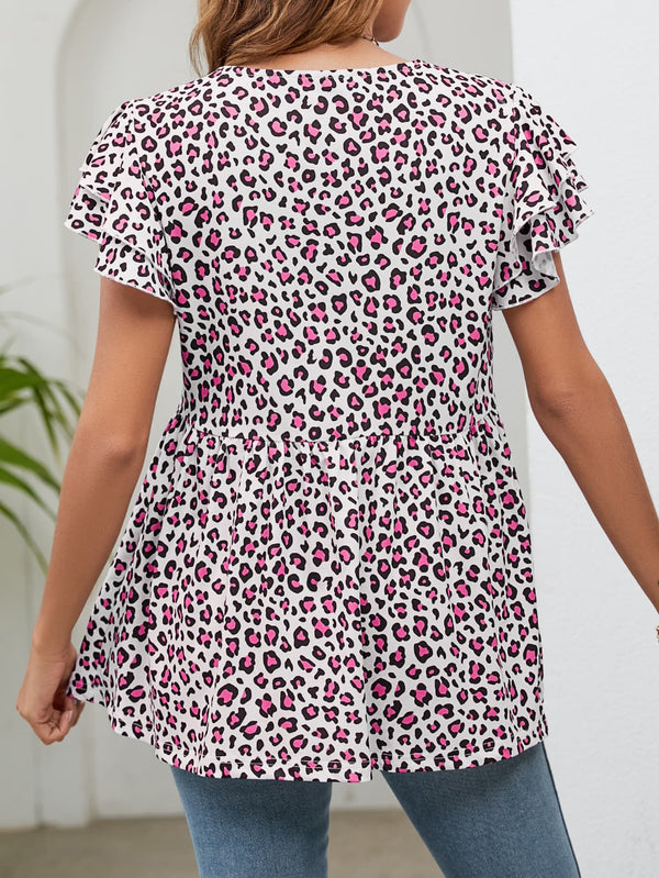 Leopard Round Neck Flutter Sleeve Babydoll Blouse-Teresa's Fashionista LLC