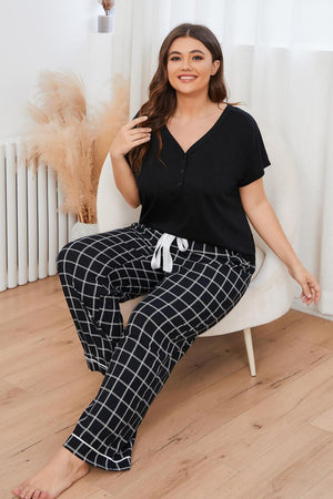 Plus Size V-Neck Top and Plaid Pants Lounge Set-Teresa's Fashionista LLC