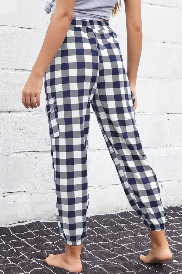 Plaid Elastic High Waist Cargo Pants-Teresa's Fashionista LLC