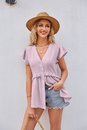 Buttoned V-Neck Ruffle Trim Top-Teresa's Fashionista LLC
