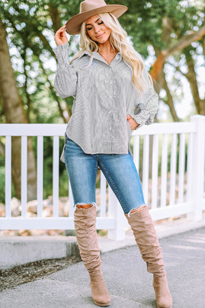 Striped Lantern Sleeve Collared Shirt-Teresa's Fashionista LLC