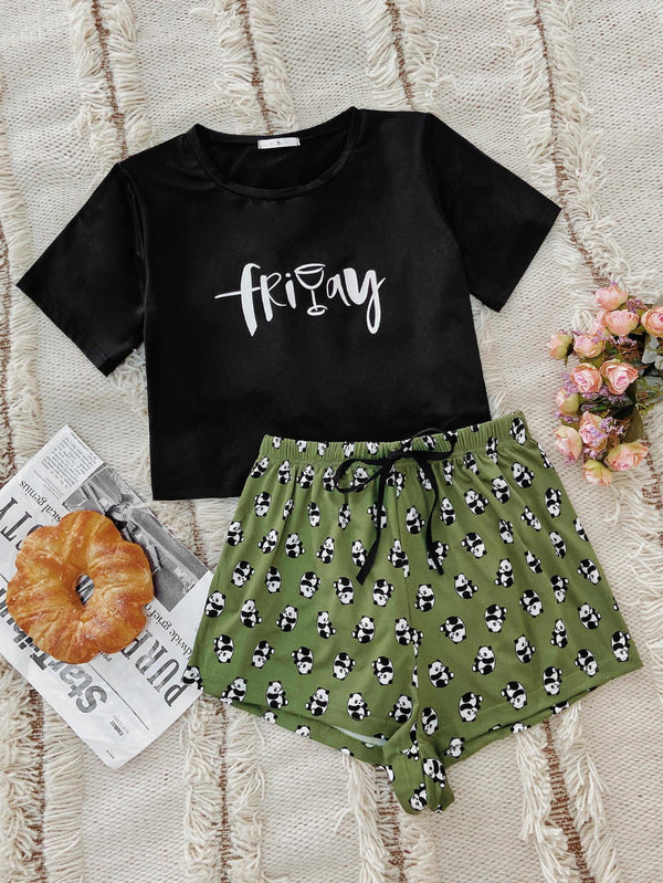 Graphic Tee and Panda Print Shorts Lounge Set-Teresa's Fashionista LLC