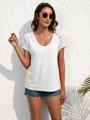 Spliced Lace Cold-Shoulder Blouse-Teresa's Fashionista LLC