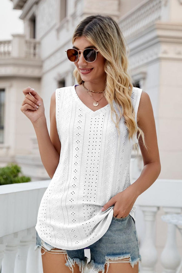 Eyelet V-Neck Tank-Teresa's Fashionista LLC