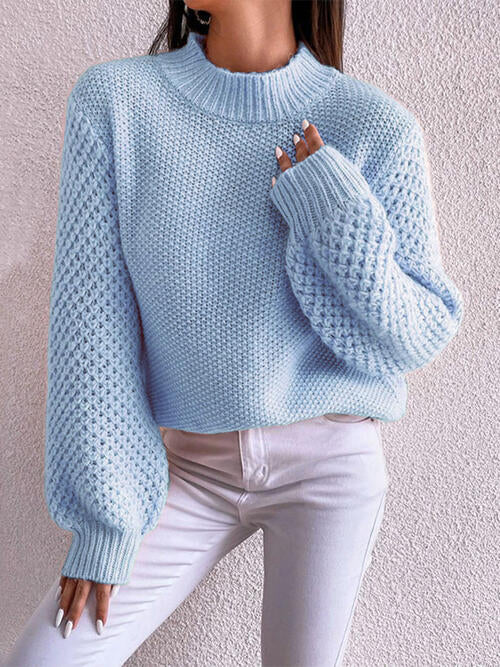 Openwork Mock Neck Long Sleeve Sweater-Teresa&#39;s Fashionista LLC