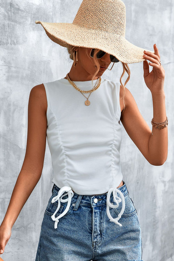Drawstring Detail Round Neck Tank-Teresa's Fashionista LLC