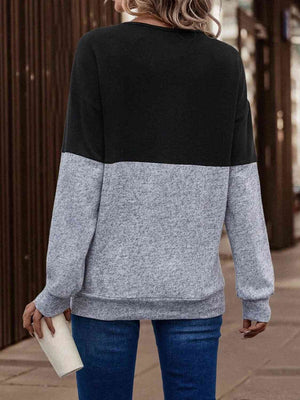 Two-Tone Crisscross Detail Sweatshirt-Teresa's Fashionista LLC