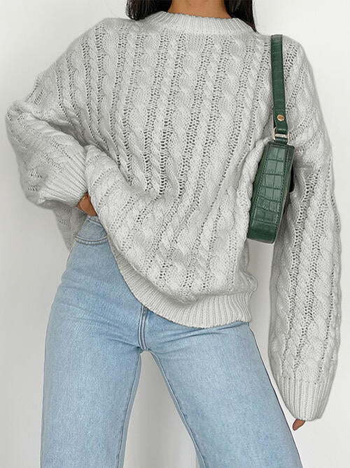 Openwork Round Sleeve Cable-Knit Sweater-Teresa&#39;s Fashionista LLC